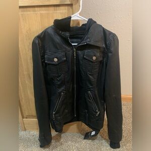 COALITION LA BLACK DOUBLE ZIP HOODED LONG SLEEVE VEGAN LEATHER JACKET